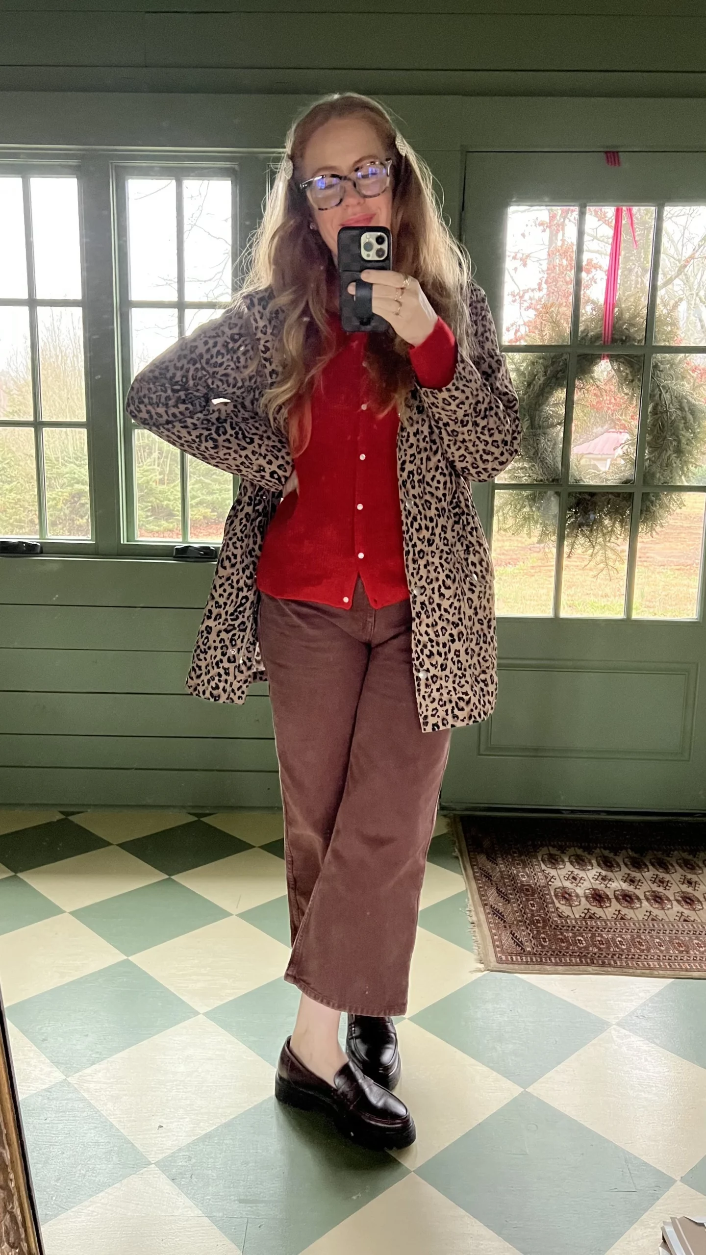 Leopard Print Jacket with Red Cardigan Layering Leopard Print Jacket with Red Cardigan Layering — Late Winter Outfits