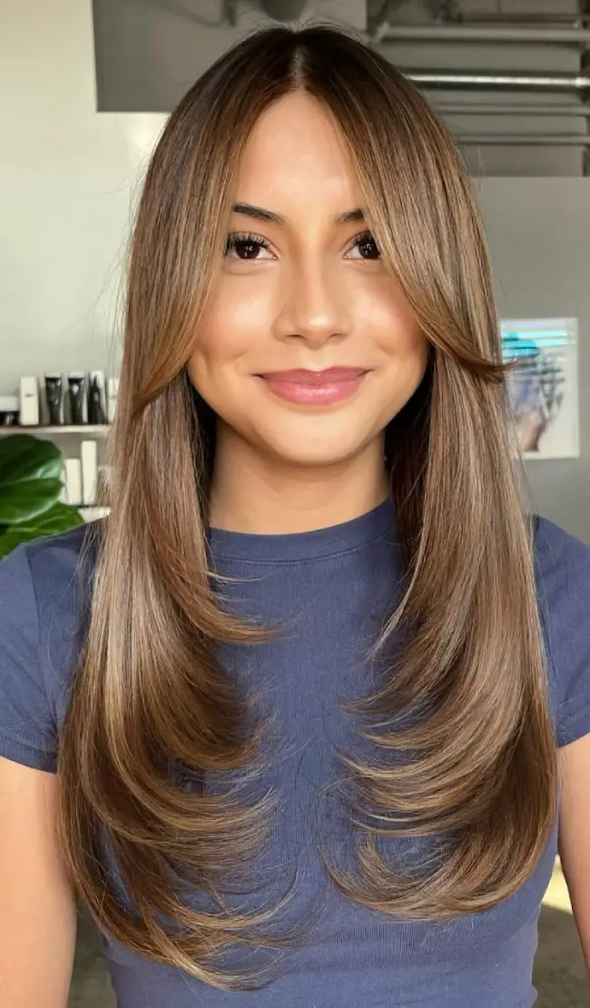 Mid-Back Blowout Face-Framing Layers Mid-Back Blowout Face-Framing Layers — Mushroom Brown Hair