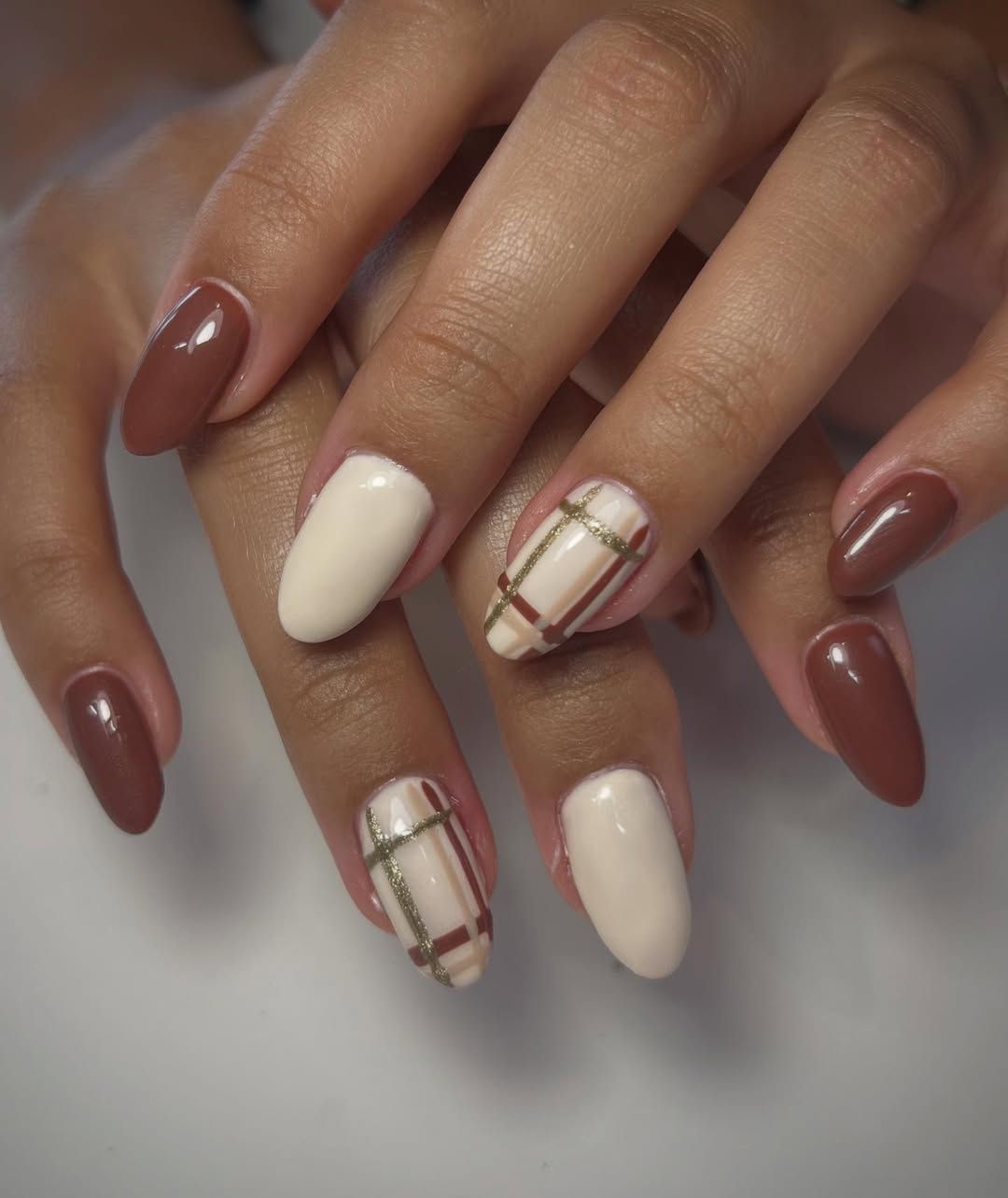 Medium Almond Brown Cream Plaid Nails — Simple Nail Designs