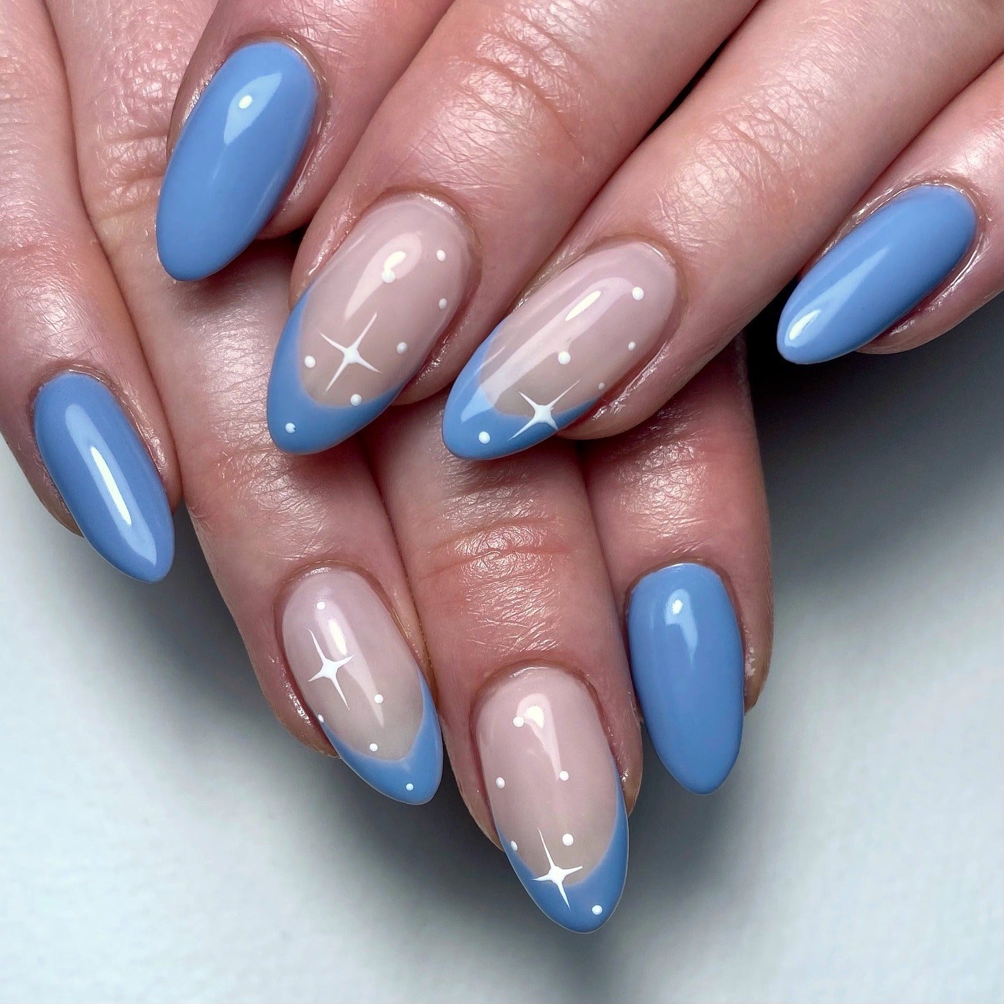 Light Blue with Sheer Pink French & Starbursts — January Nails