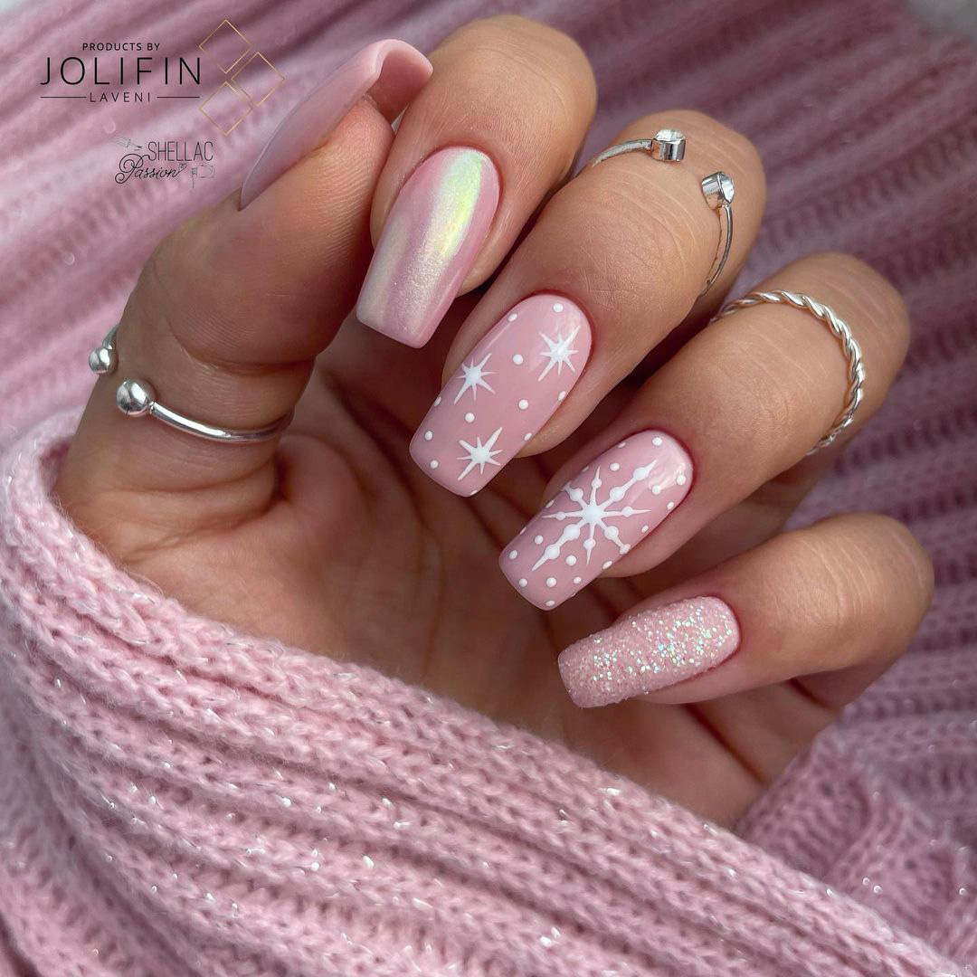 Shimmer Matte Stars & Snowflakes Shimmer Matte Stars & Snowflakes — Winter Pink Nails