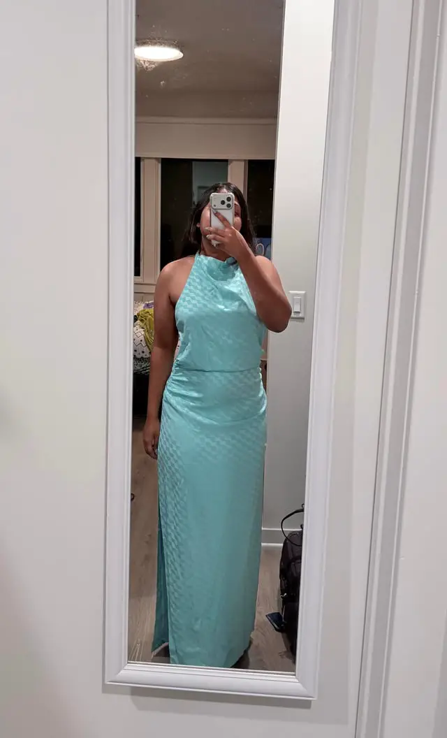 Teal Textured Long Sleeve Dress with Flowing Skirt — Winter Wedding Guest Outfits