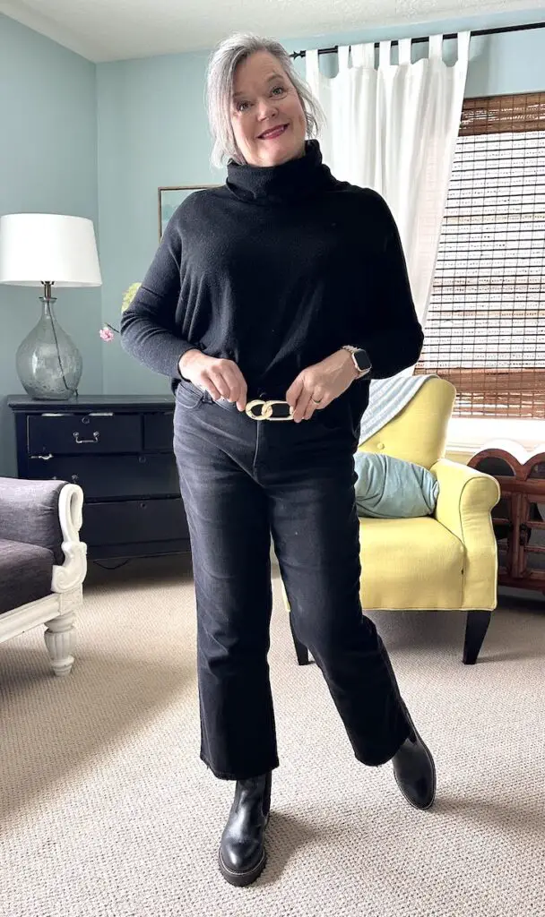 Black Turtleneck and Jeans with Gold Chain Belt Accent — Casual Winter Outfits for Women Over 50