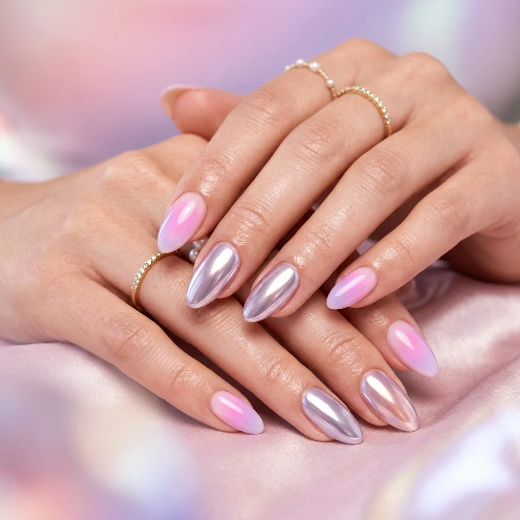 Gradient Pink to White with Iridescent Chrome — Chrome Nail Designs