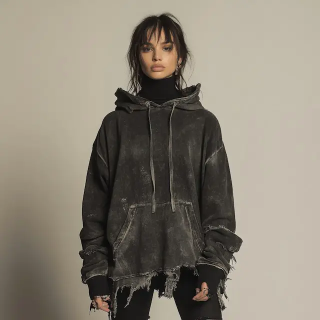 Distressed Hoodie with Raw Edges over Black Turtleneck — Grunge Winter Outfits