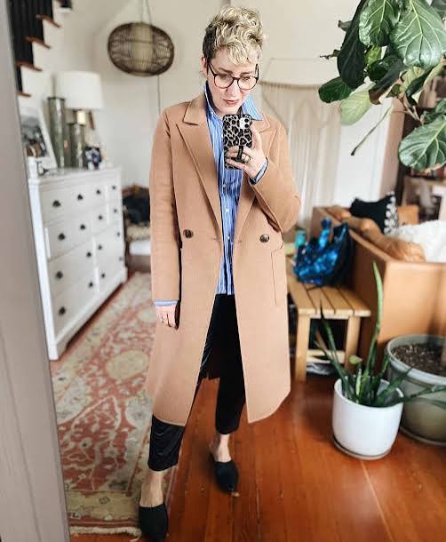 Casual Camel Wool Coat with Striped Shirt Casual Camel Wool Coat with Striped Shirt — Wool Coat Outfits