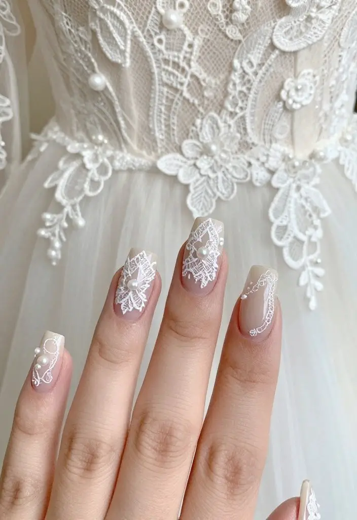 Nude White Lace Pearl Square Nails — Lace Nails