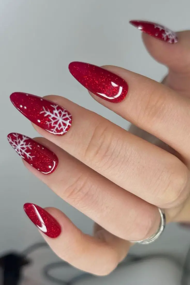 Sparkling Red Glitter Snowflakes Sparkling Red Glitter Snowflakes — Winter Red Nails