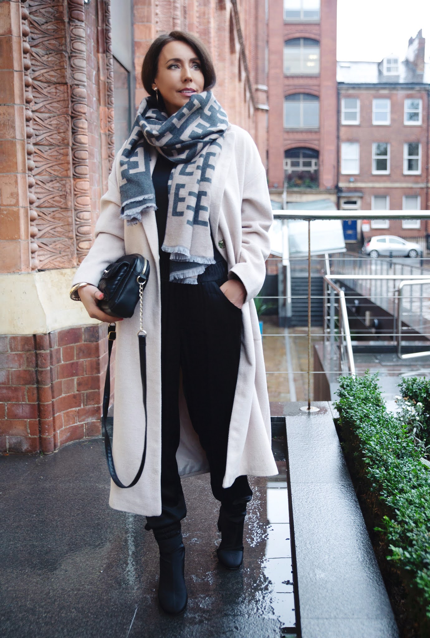 Sophisticated Wool Coat with Monogram Scarf Sophisticated Wool Coat with Monogram Scarf — Winter Outfits for Women Over 40
