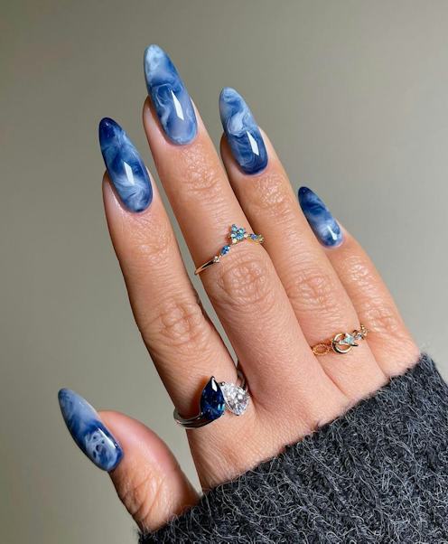 Long Almond Blue Marble Long Almond Blue Marble — Winter Blue Nails