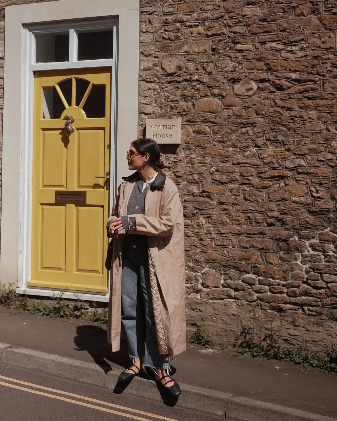 Beige Trench Coat with Grey Cardigan and Ballet Flats — Car Coat Outfits
