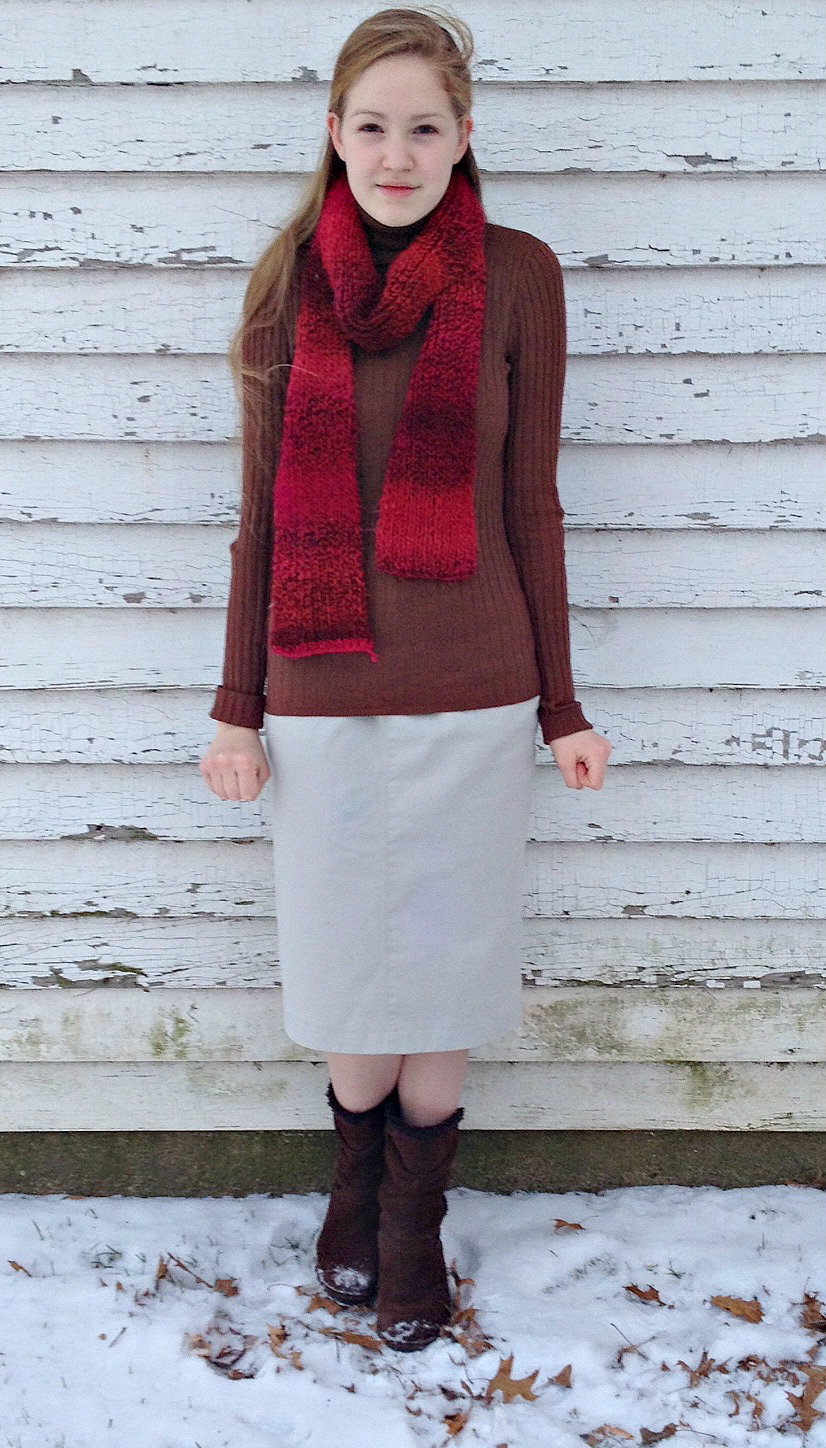 Cream Pencil Skirt with Brown Knit Sweater and Red Scarf Cream Pencil Skirt with Brown Knit Sweater and Red Scarf — Winter Skirt Outfits