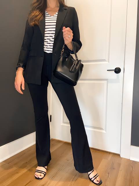 Black Heeled Sandals Business Casual: Black Flare Leggings with Blazer and Stripes Black Heeled Sandals Business Casual: Black Flare Leggings with Blazer and Stripes — Flare Leggings Outfits