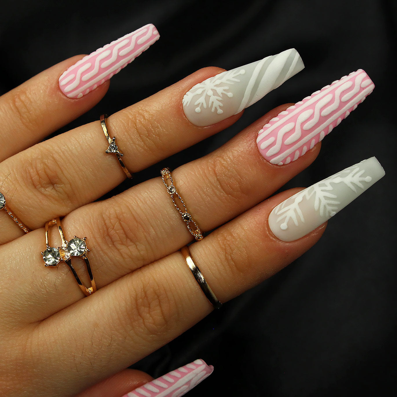 Matte Pink Cable Knit Grey Snowflake Nails Matte Pink Cable Knit Grey Snowflake Nails — Winter Wonderland Nails