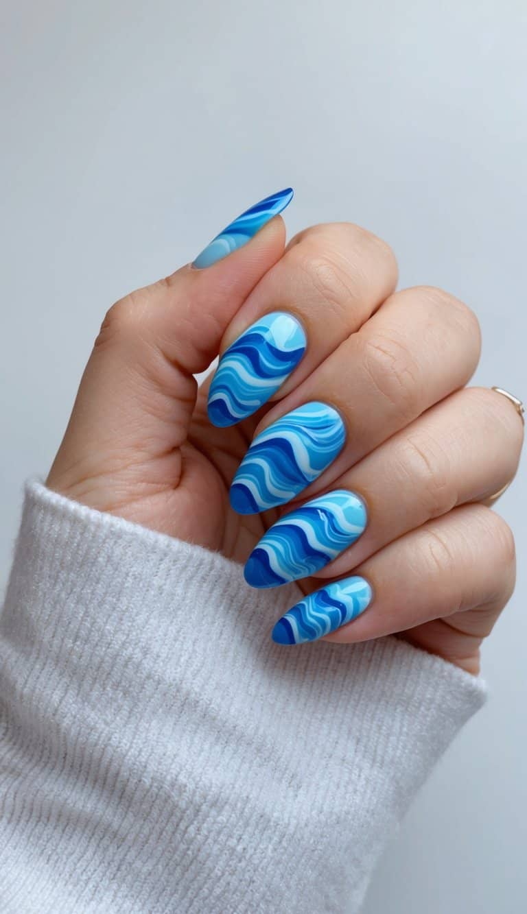 Blue Wavy Marble Almond Nails Blue Wavy Marble Almond Nails — Almond Nail Inspo