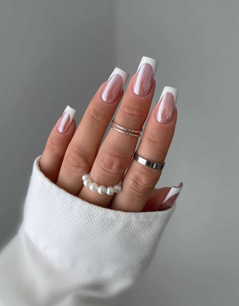 Pearlescent Chrome French Tips Pearlescent Chrome French Tips — Winter Squoval Nails