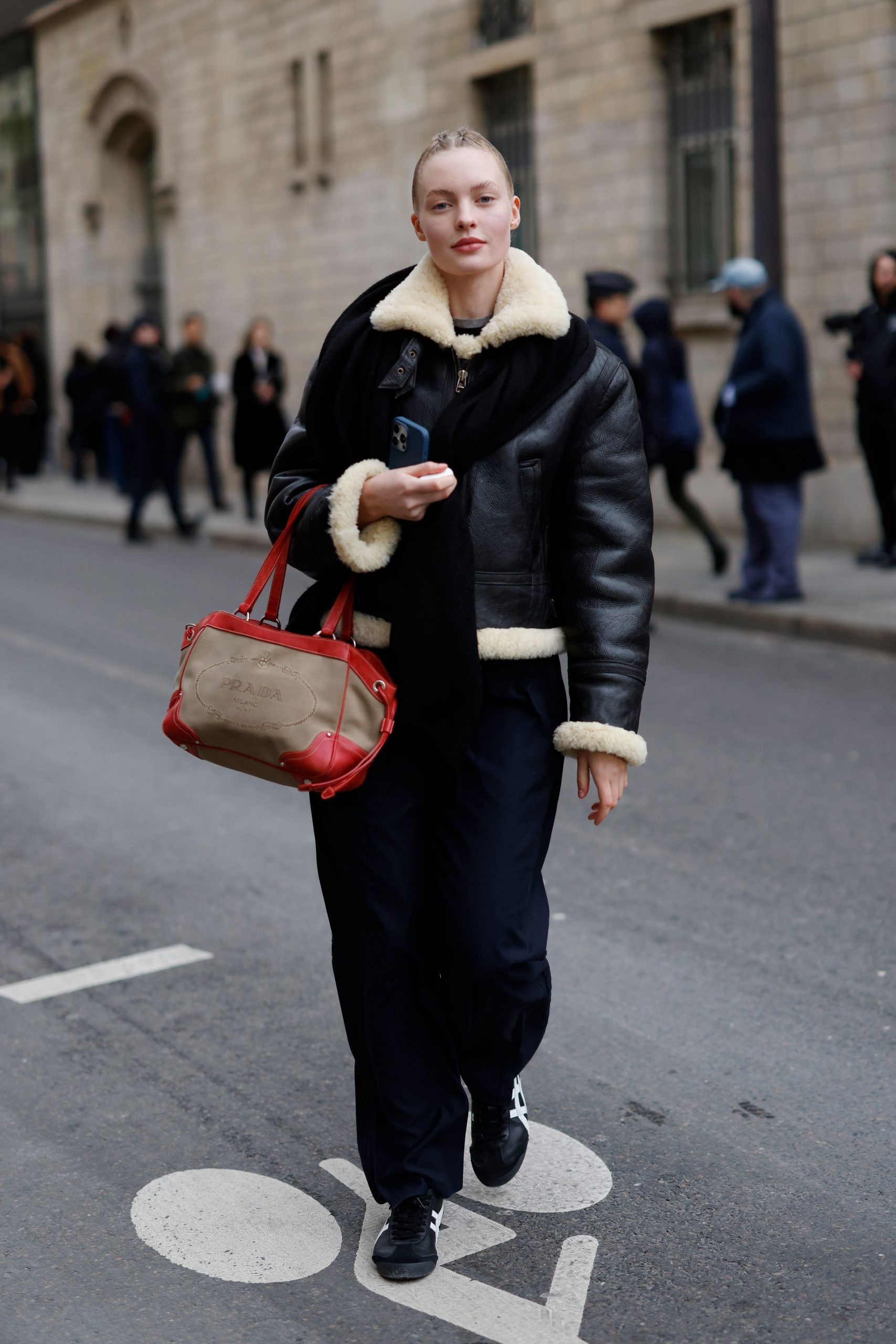 Cropped Black Leather Aviator with Shearling Trim — Shearling Coat Outfits