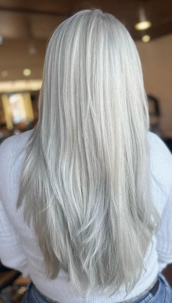 Ash Blonde With Highlights Mid-Back Ash Blonde Layers Ash Blonde With Highlights Mid-Back Ash Blonde Layers — Winter Haircuts for Straight Hair