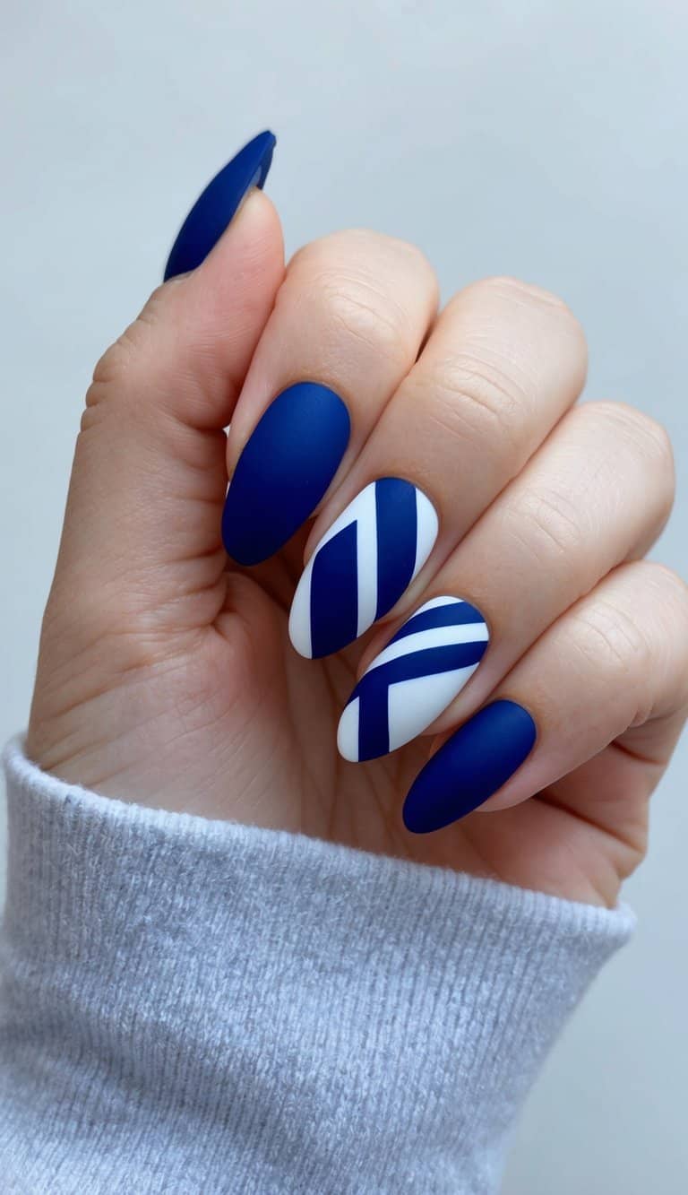 Geometric White Stripes On Navy Base Visual Idea — Navy Blue Nails