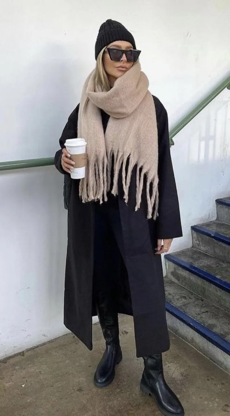 Monochromatic Black with Statement Scarf Monochromatic Black with Statement Scarf — Late Winter Outfits
