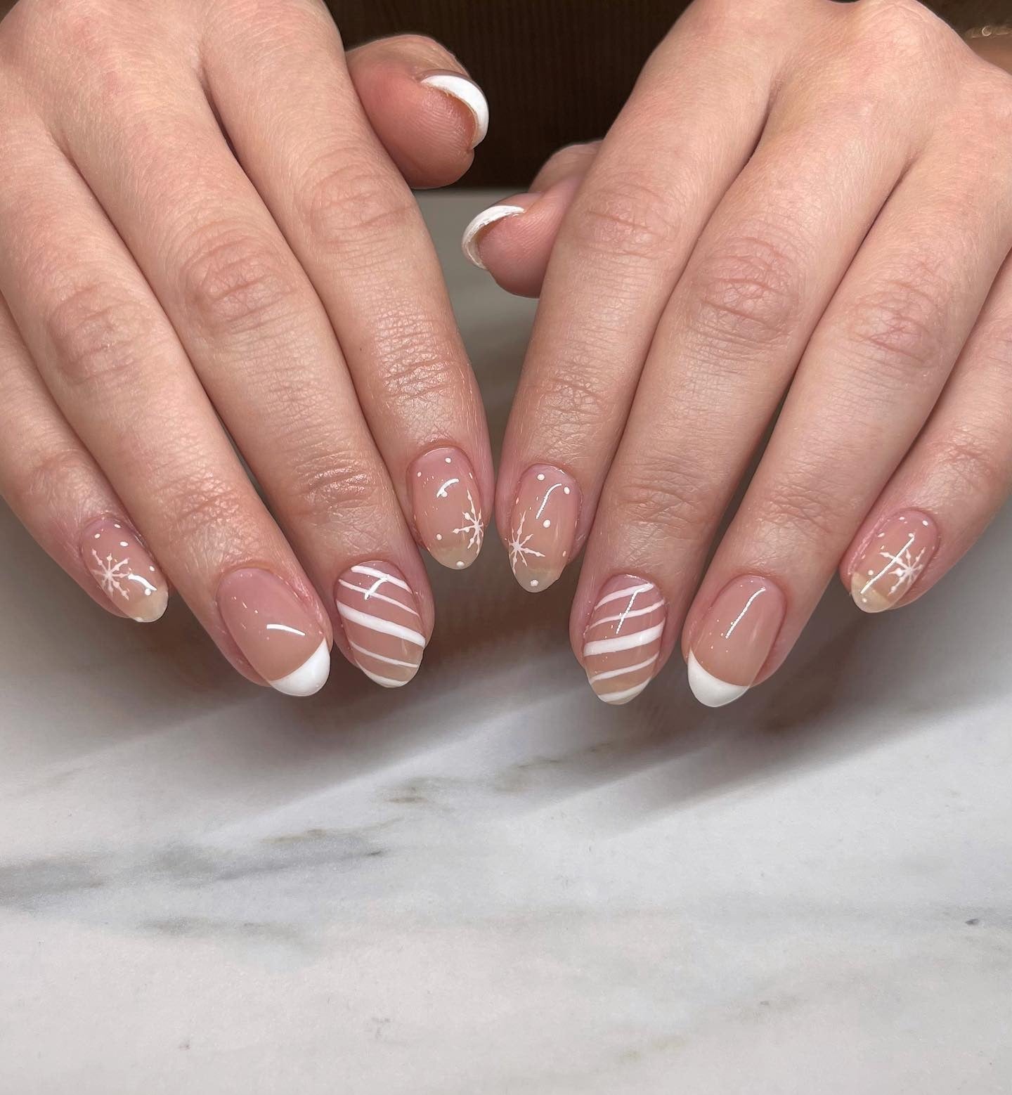 Clean Winter White Accents on Sheer Nude Clean Winter White Accents on Sheer Nude — Cute Winter Nails