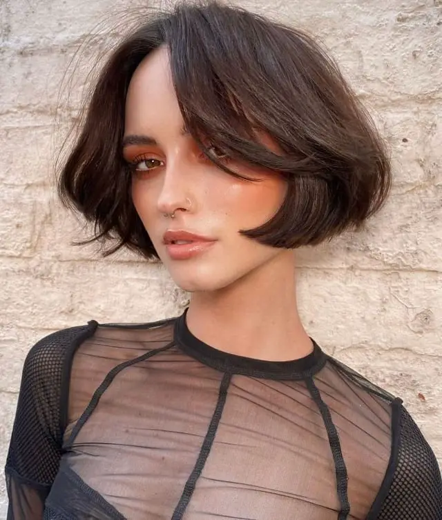 Fine Dark Brown Bob With Smooth Bangs Fine Dark Brown Bob With Smooth Bangs — Winter Haircuts with Curtain Bangs