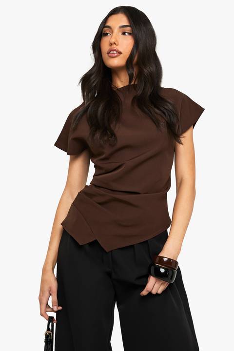 Rich Brown Asymmetrical Top with Draped Detail — Chocolate Brown Outfits