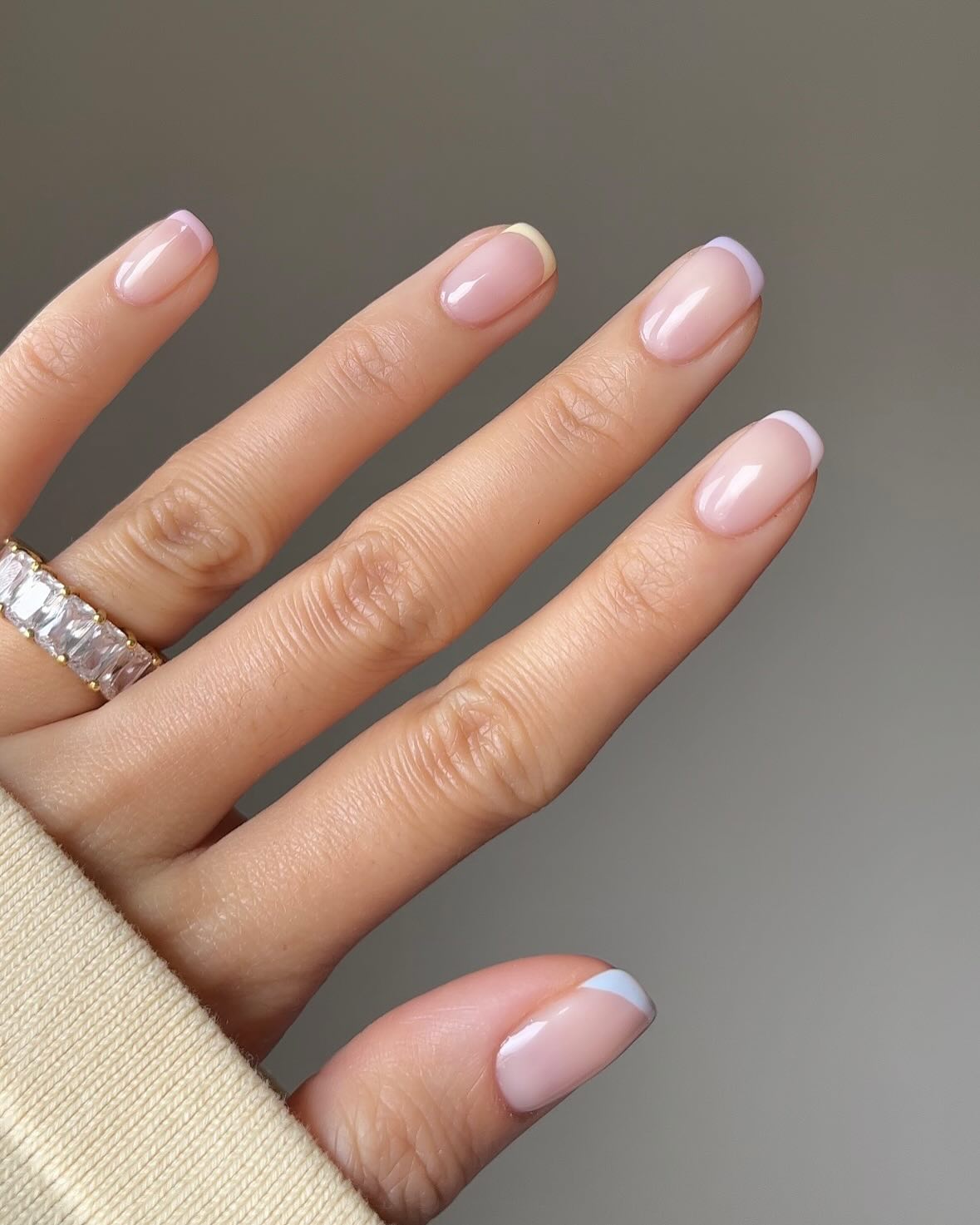 Sheer Pink French with Pastel Tips Sheer Pink French with Pastel Tips — Short Winter Square Nails