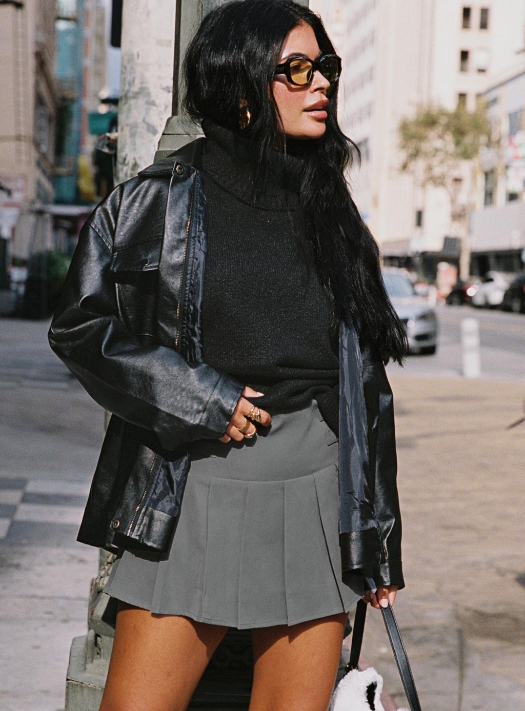 Urban Fall Layers: Leather Jacket, Turtleneck, and Pleated Mini — Fall to Winter Outfits