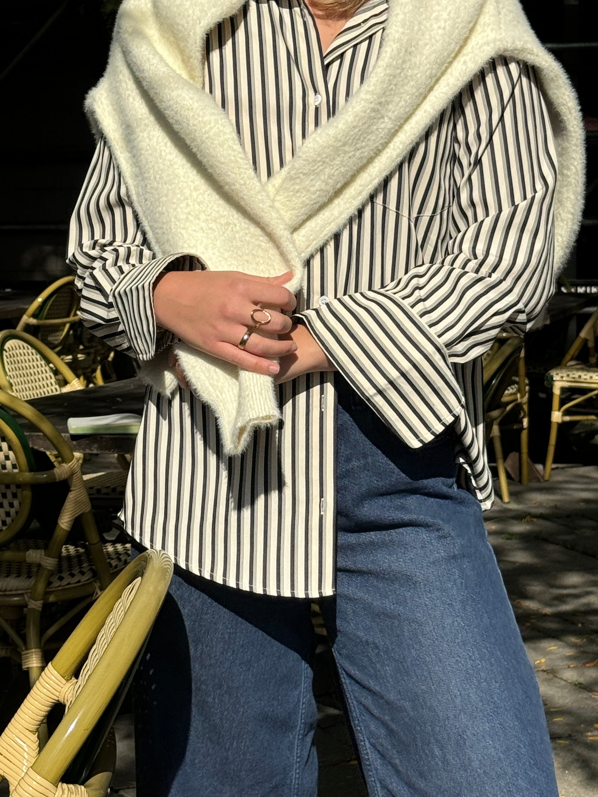 Striped Shirt with Draped Cream Knit Sweater Striped Shirt with Draped Cream Knit Sweater — Winter Layering Outfits