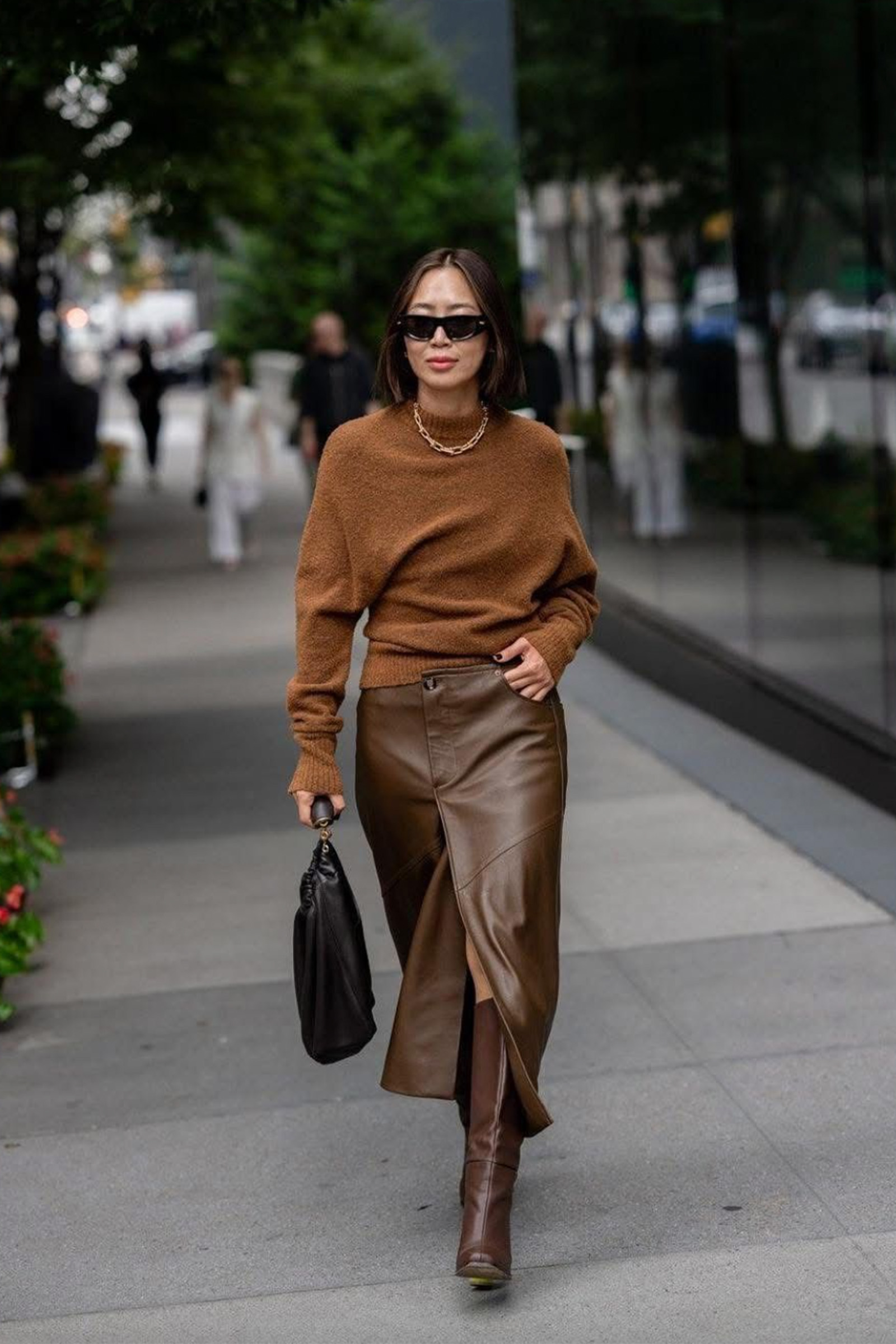 Monochromatic Texture: Brown Leather Wrap Skirt Set Monochromatic Texture: Brown Leather Wrap Skirt Set — Leather Skirt Outfits