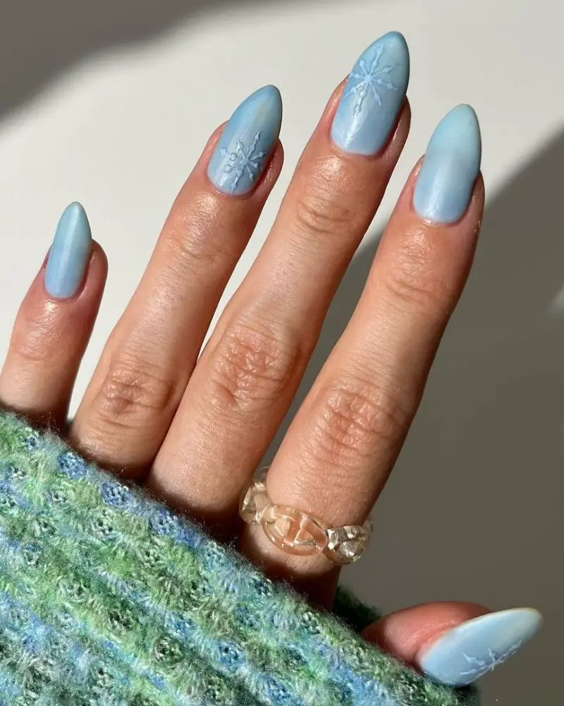 Embossed Snowflake Matte Almond Nails Embossed Snowflake Matte Almond Nails — Winter Acrylic Nails