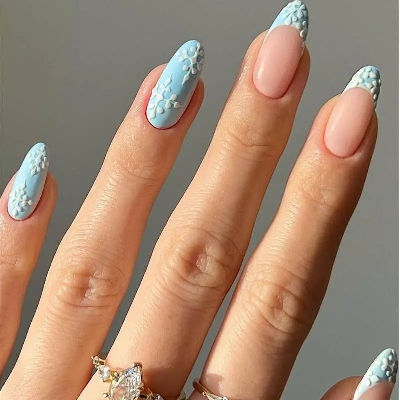 Matte Light Blue 3D Snowflake French Nails Matte Light Blue 3D Snowflake French Nails — Classy Winter Nails
