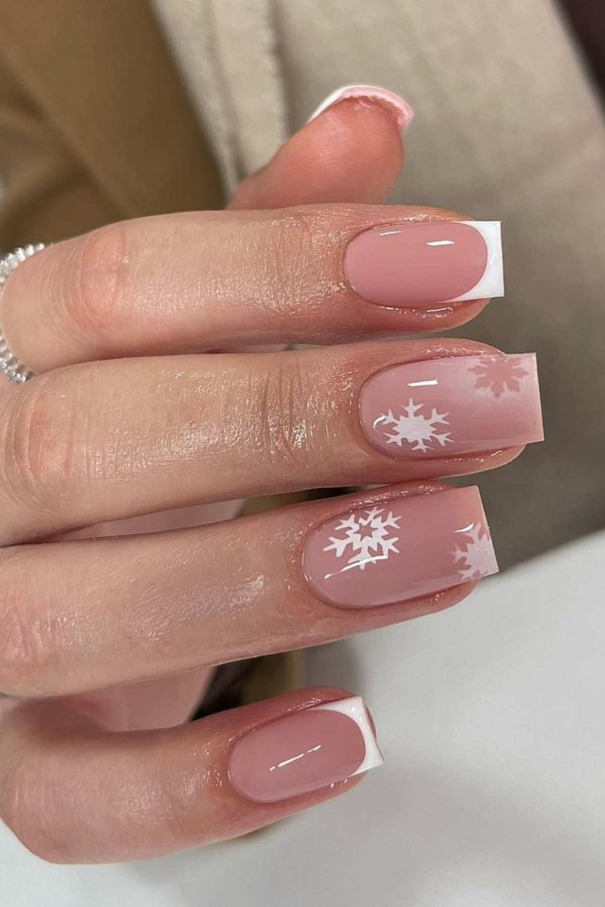 Pink Nude Snowflake Accent French Nails Pink Nude Snowflake Accent French Nails — Winter Square Nails