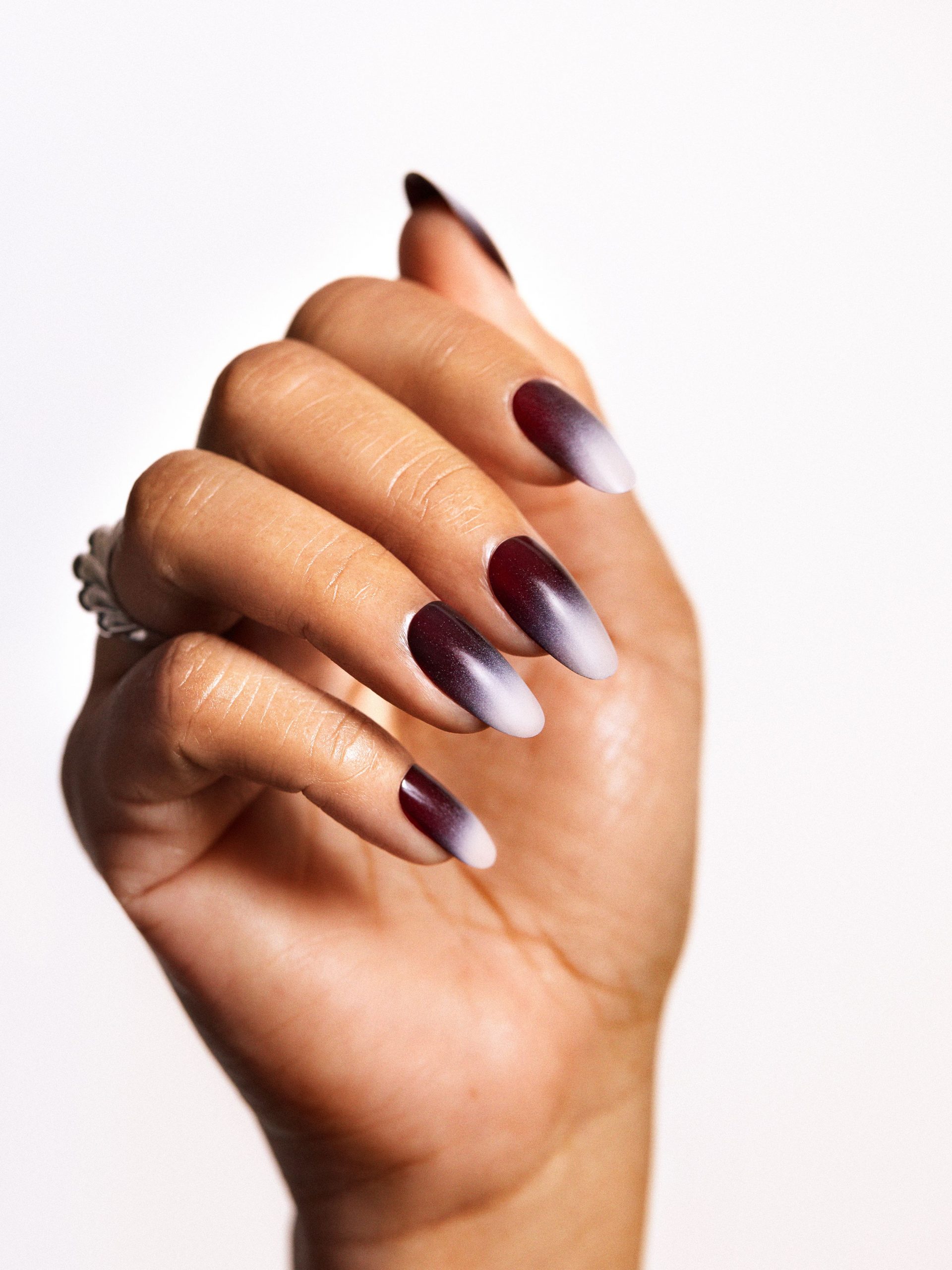 Burgundy to Grey Ombre Glossy Stiletto Nails Burgundy to Grey Ombre Glossy Stiletto Nails — Winter Nail Colors for Women Over 40