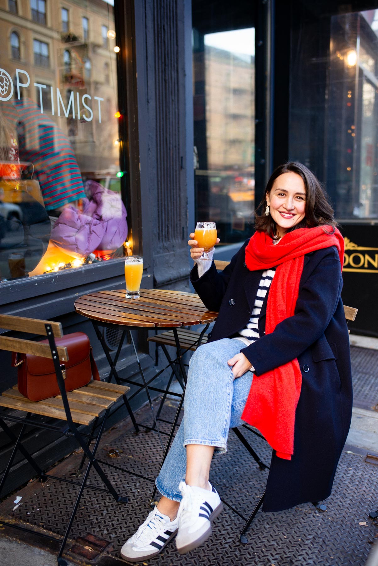 Navy Wool Coat with Bold Red Scarf and Striped Top Navy Wool Coat with Bold Red Scarf and Striped Top — December Outfits
