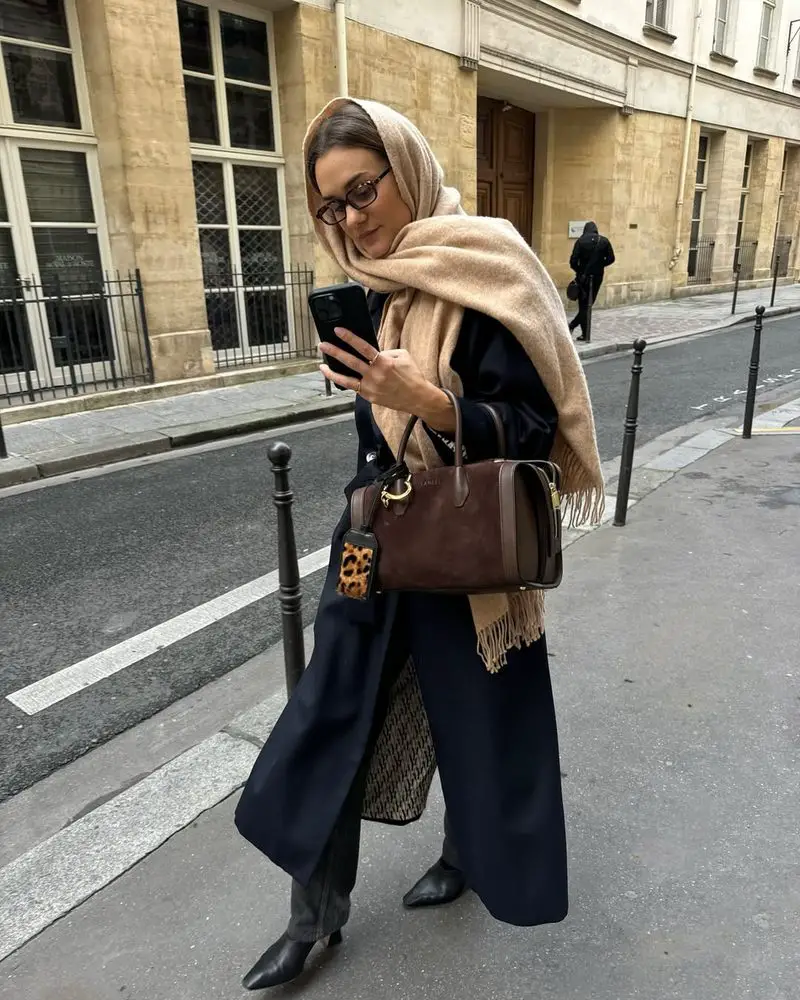 Navy Long Coat with Oversized Beige Scarf — Scandinavian Winter Outfits