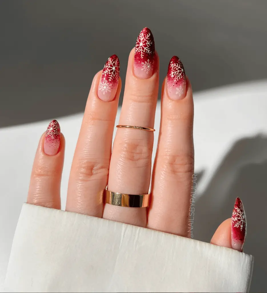 Nude to Red Glitter Ombre with Snowflakes Nude to Red Glitter Ombre with Snowflakes — Winter Ombre Nails