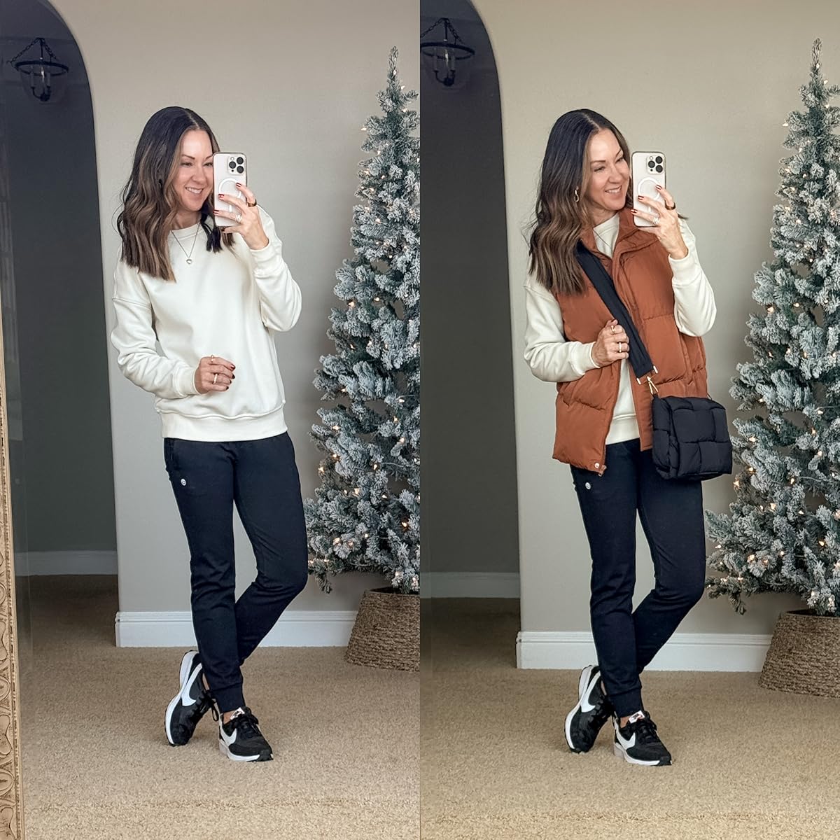 Puffer Vest Over Cream Sweatshirt for Layered Warmth Puffer Vest Over Cream Sweatshirt for Layered Warmth — Winter Athleisure Outfits