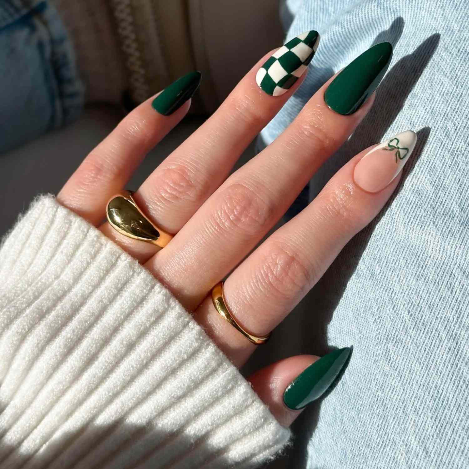 Green Checkerboard Bow Stiletto Nails Green Checkerboard Bow Stiletto Nails — Green Nail Designs
