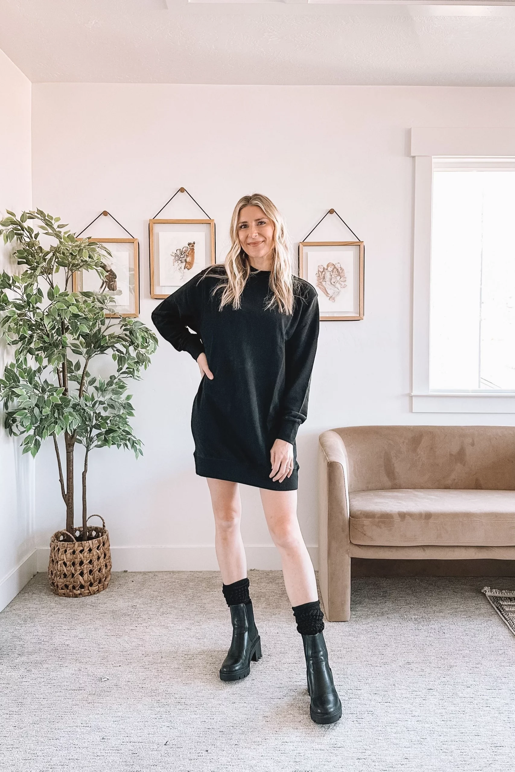 Longline Wool Coat Over Satin Slip Dress and Turtleneck — All Black Winter Outfits