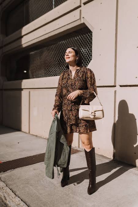 Patterned Mini Dress, Knee-High Boots, and Olive Green Jacket Patterned Mini Dress, Knee-High Boots, and Olive Green Jacket — Winter to Spring Transition Outfits