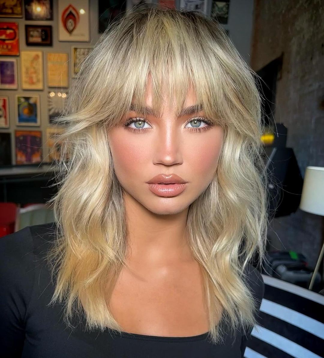 Platinum Blonde Shag With Blunt Bangs — Winter Hairstyles for Thin Hair