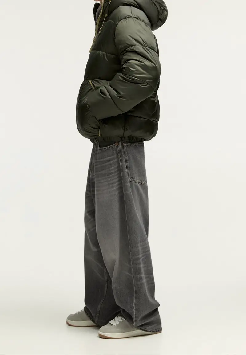 Olive Green Puffer Jacket with Wide-Leg Jeans — Winter Streetwear Outfits