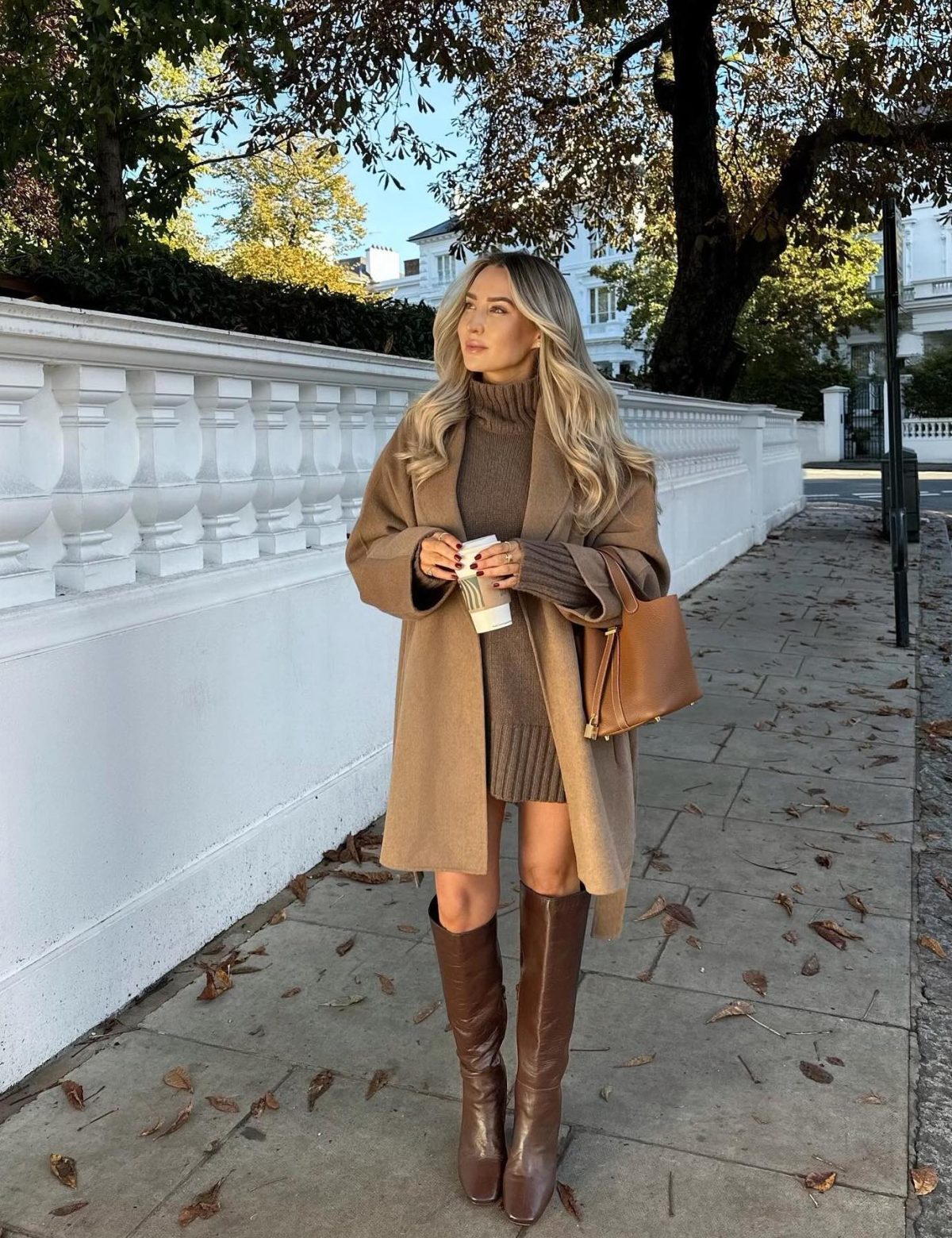 Brown Turtleneck Dress Brown Coat Outfit Idea Brown Turtleneck Dress Brown Coat Outfit Idea — Brown Boots Outfits