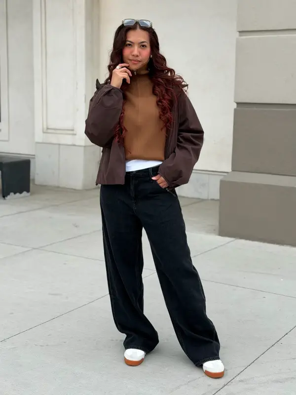 Modern Layering: Brown Cropped Hoodie with Jacket Modern Layering: Brown Cropped Hoodie with Jacket — Hoodie Outfits