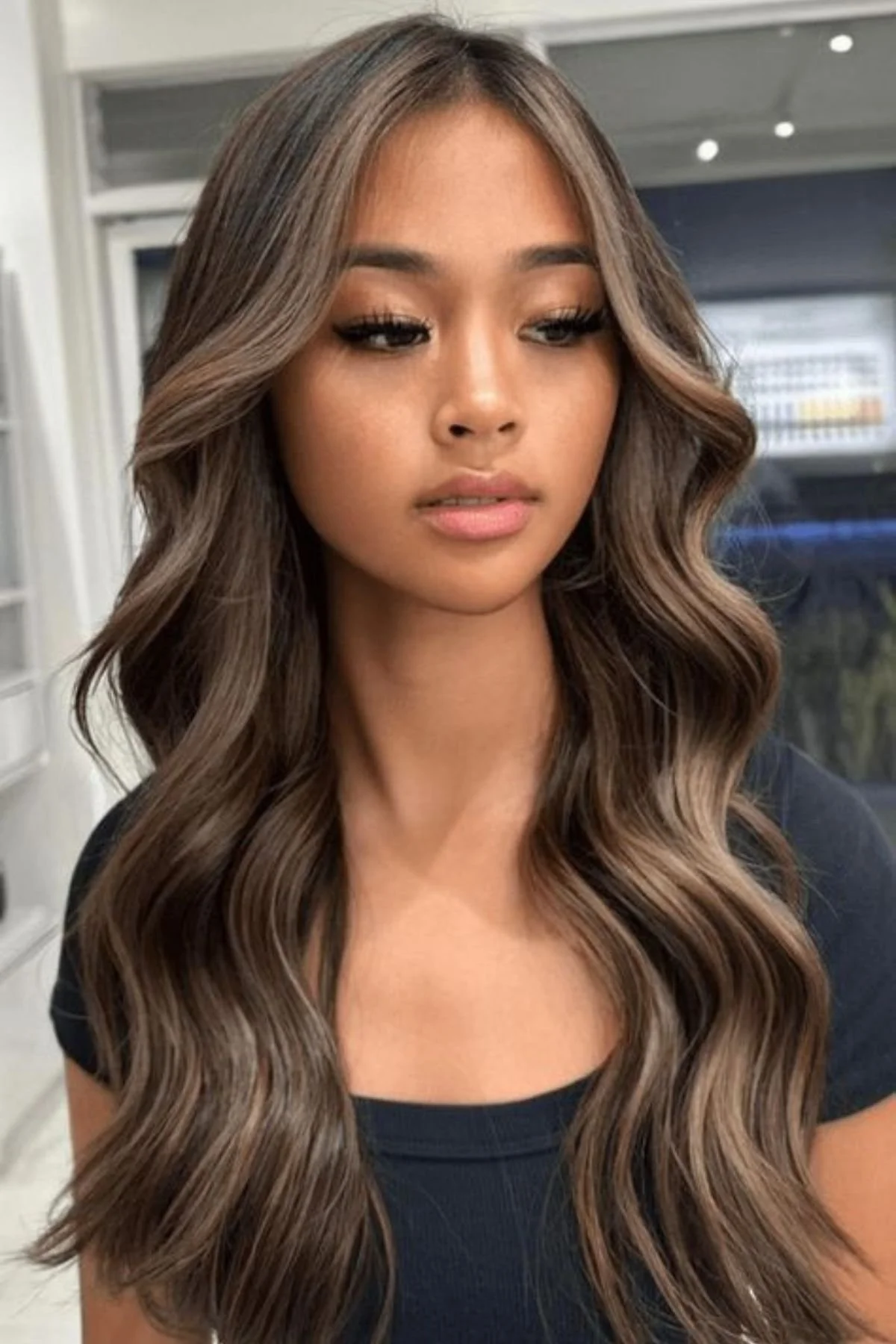 Dark Brown With Ash Blonde Highlights and Curtain Bangs Dark Brown With Ash Blonde Highlights and Curtain Bangs — Low Maintenance Winter Hair Colors