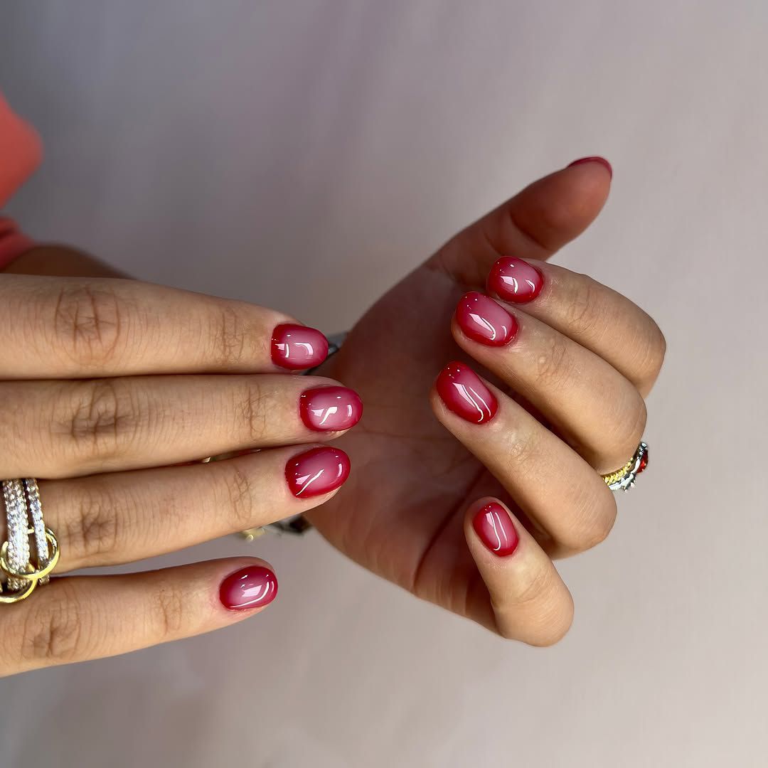 Pink to Red Ombre Short Oval Nails — Cherry Red Nails