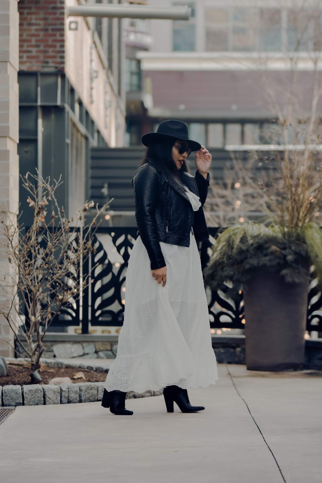 White Eyelet Maxi Dress with Black Leather Jacket — Winter White Outfits