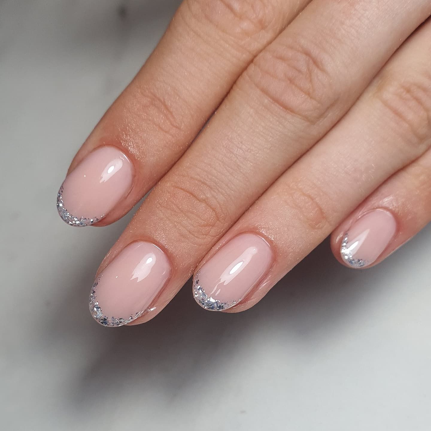 Short Oval Glitter Line French Tips — Simple Nail Designs
